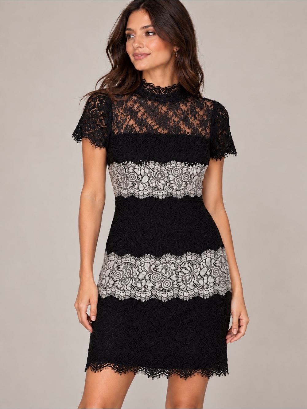 Everleigh Floral Colorblock Lace Sheath Dress Black Navy White M